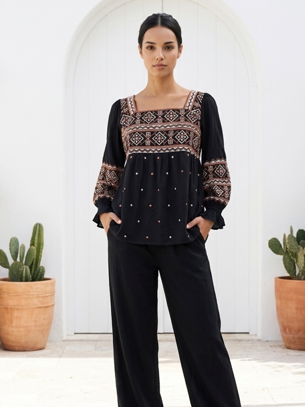 Savanna Jane Small Black Embroidered Peasant Top with Geometric Accent